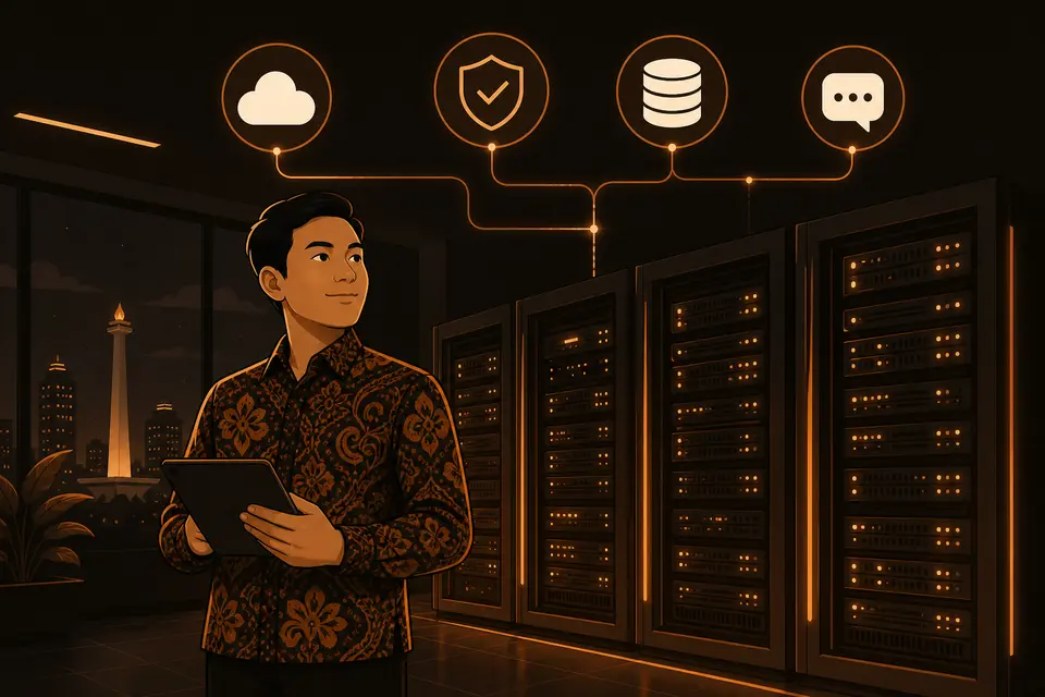 Engineer Tangani Infra memantau rak server yang berjalan normal